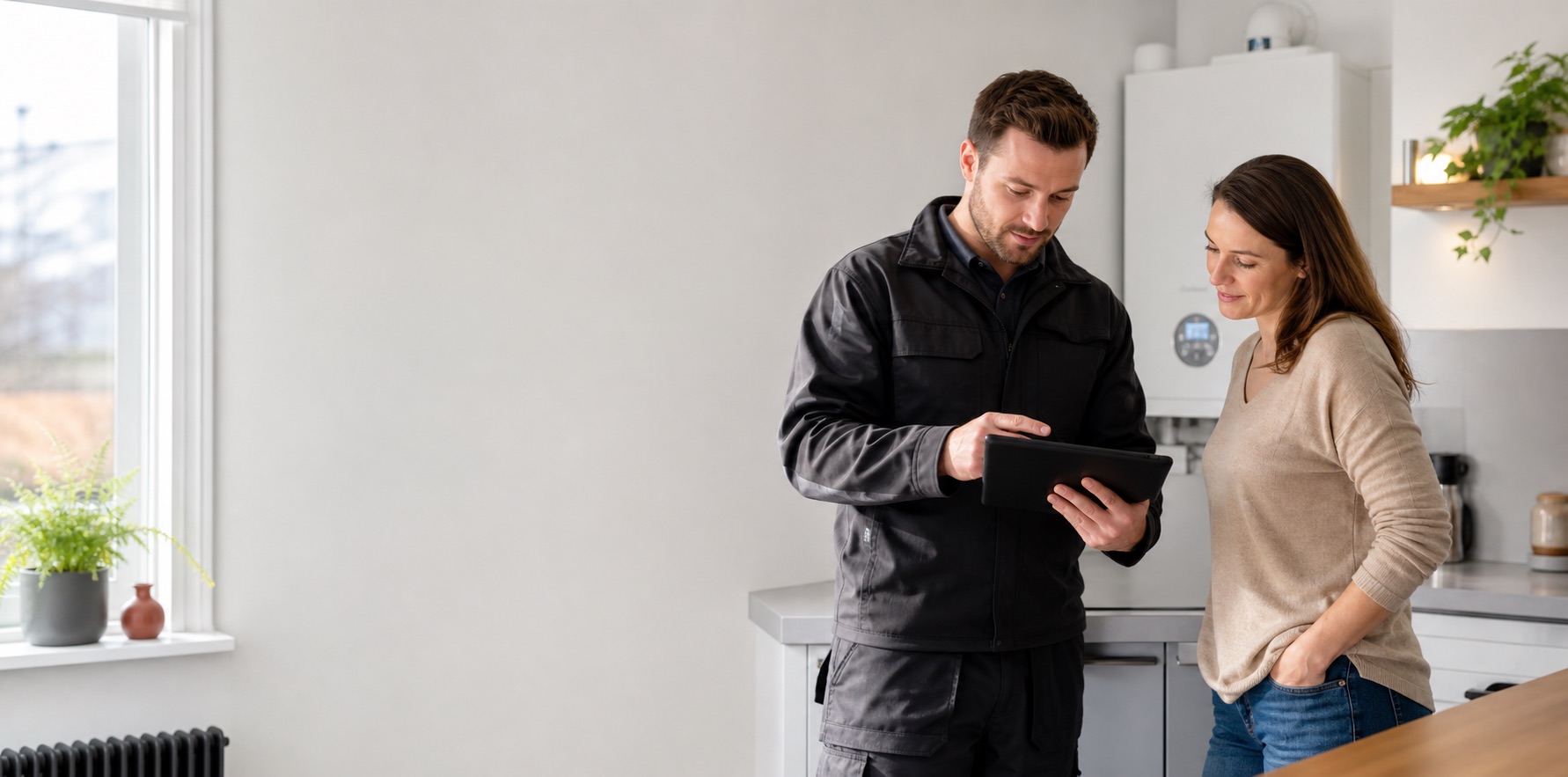 Heating specialist reviewing an installation enquiry in a bright home